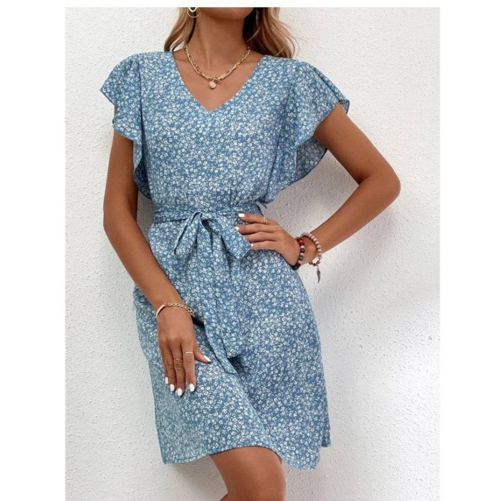 Butterfly Sleeve Self Belted Ditsy Floral Dress with POCKETS!!!